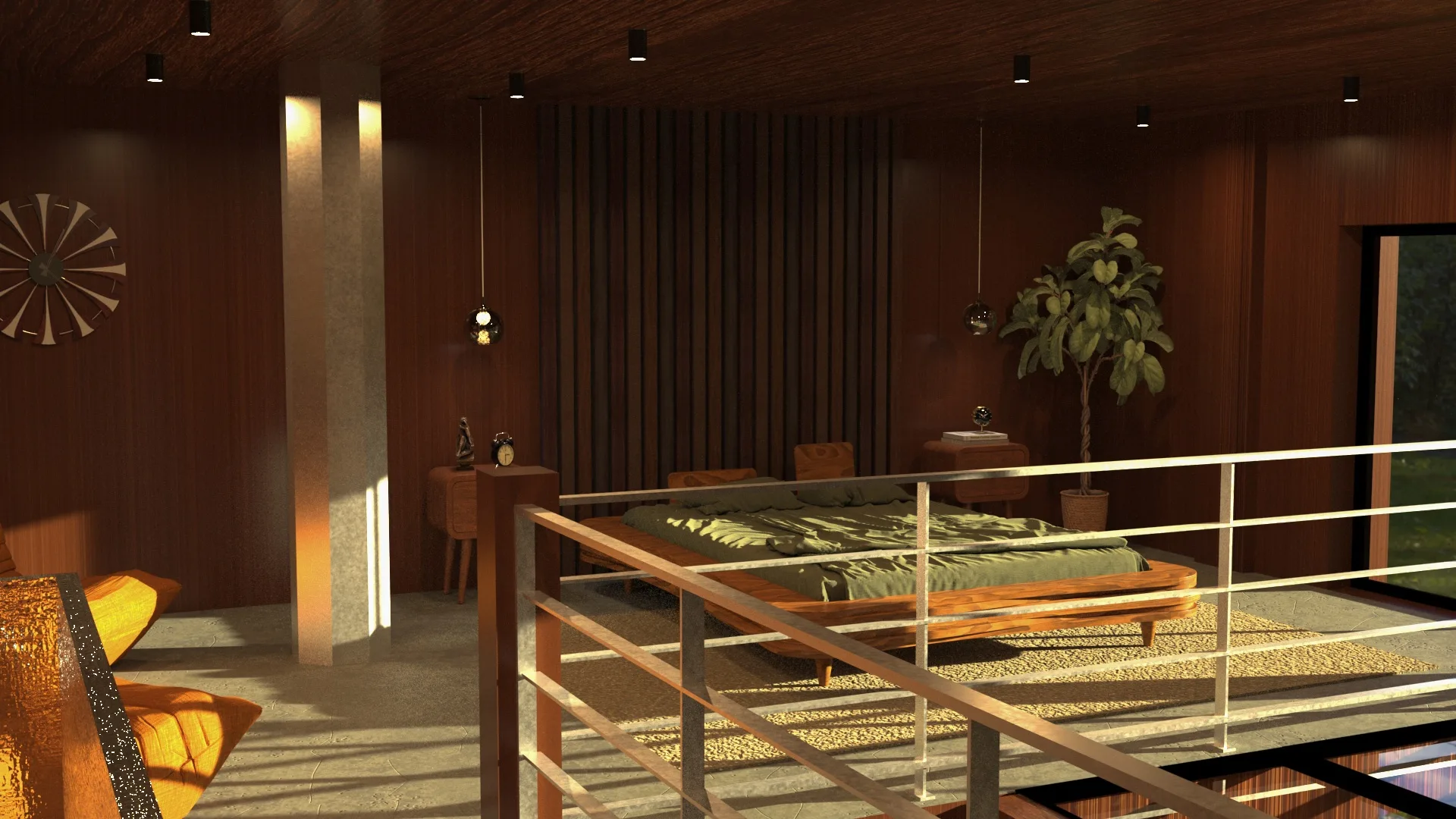 Mezzanine chambre du loft HOMOMA avec assises orange et mur boisé