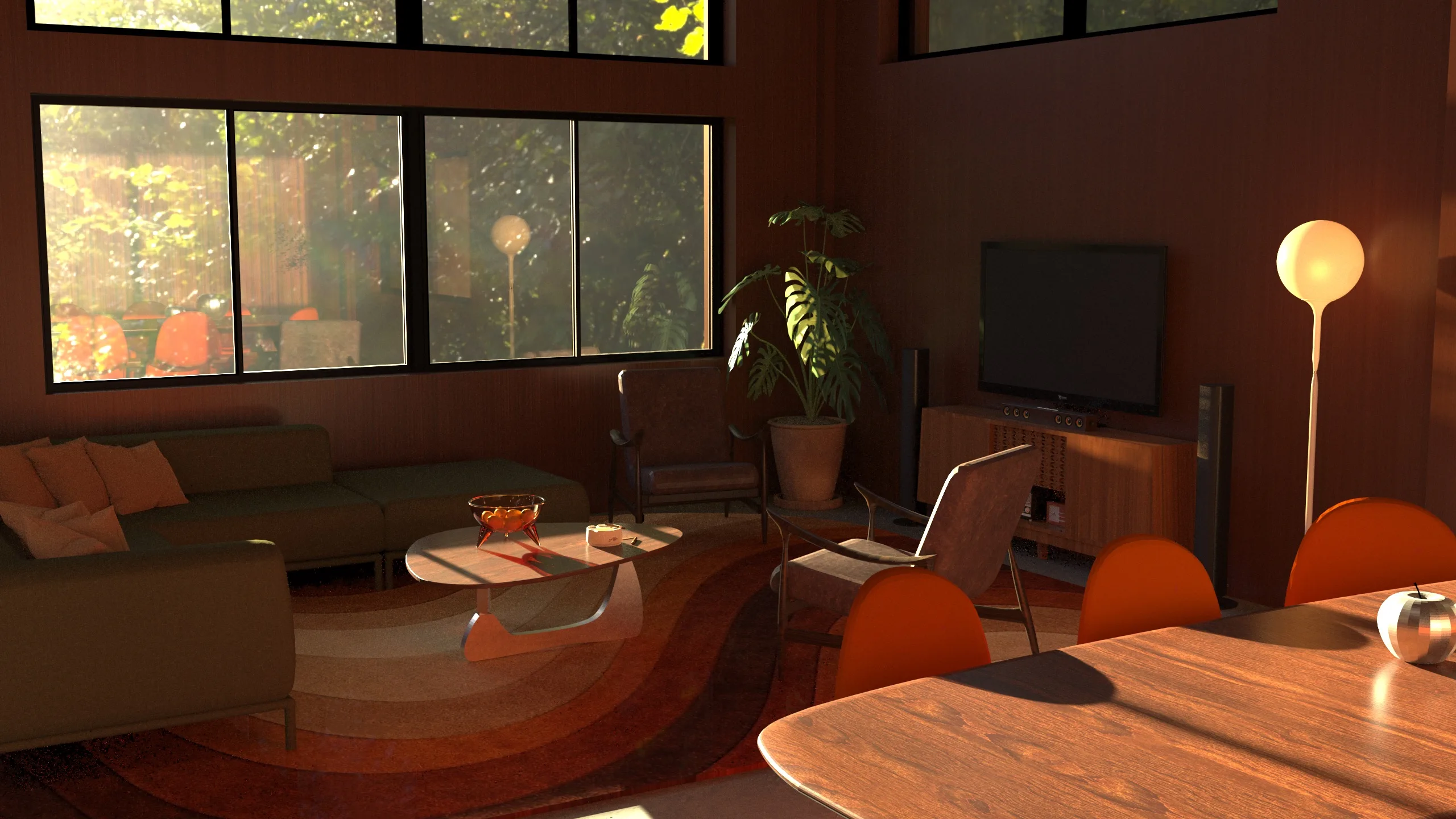 Séjour du loft HOMOMA avec bois chaleureux, canapé vert et lumière naturelle