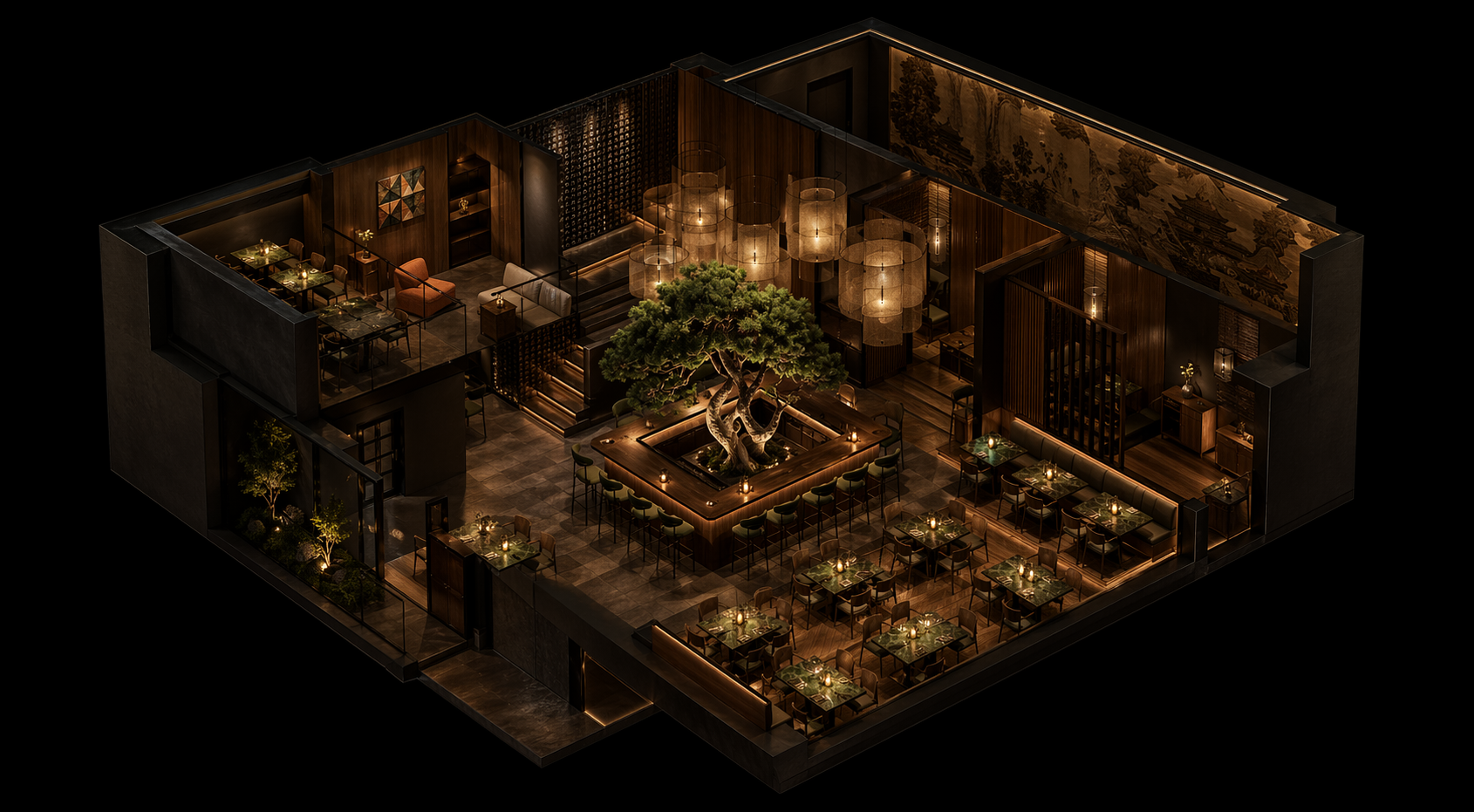 Axonométrie conceptuelle du restaurant PALOMAKI