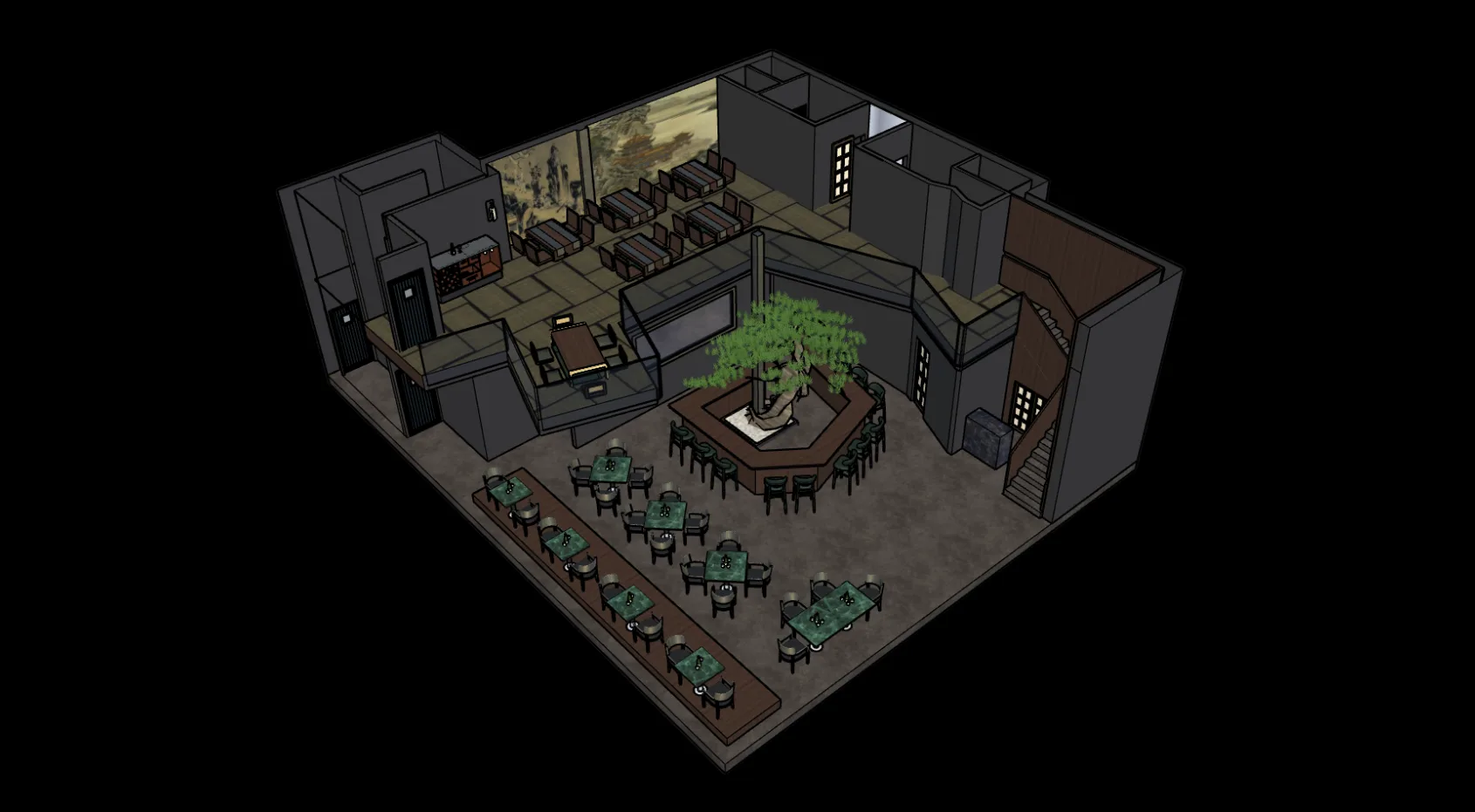 Axonométrie conceptuelle du restaurant PALOMAKI