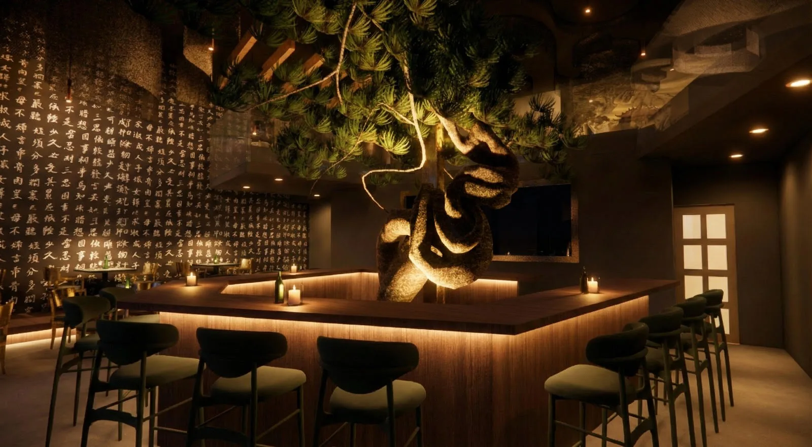 Vue du bar de PALOMAKI avec bonsai central