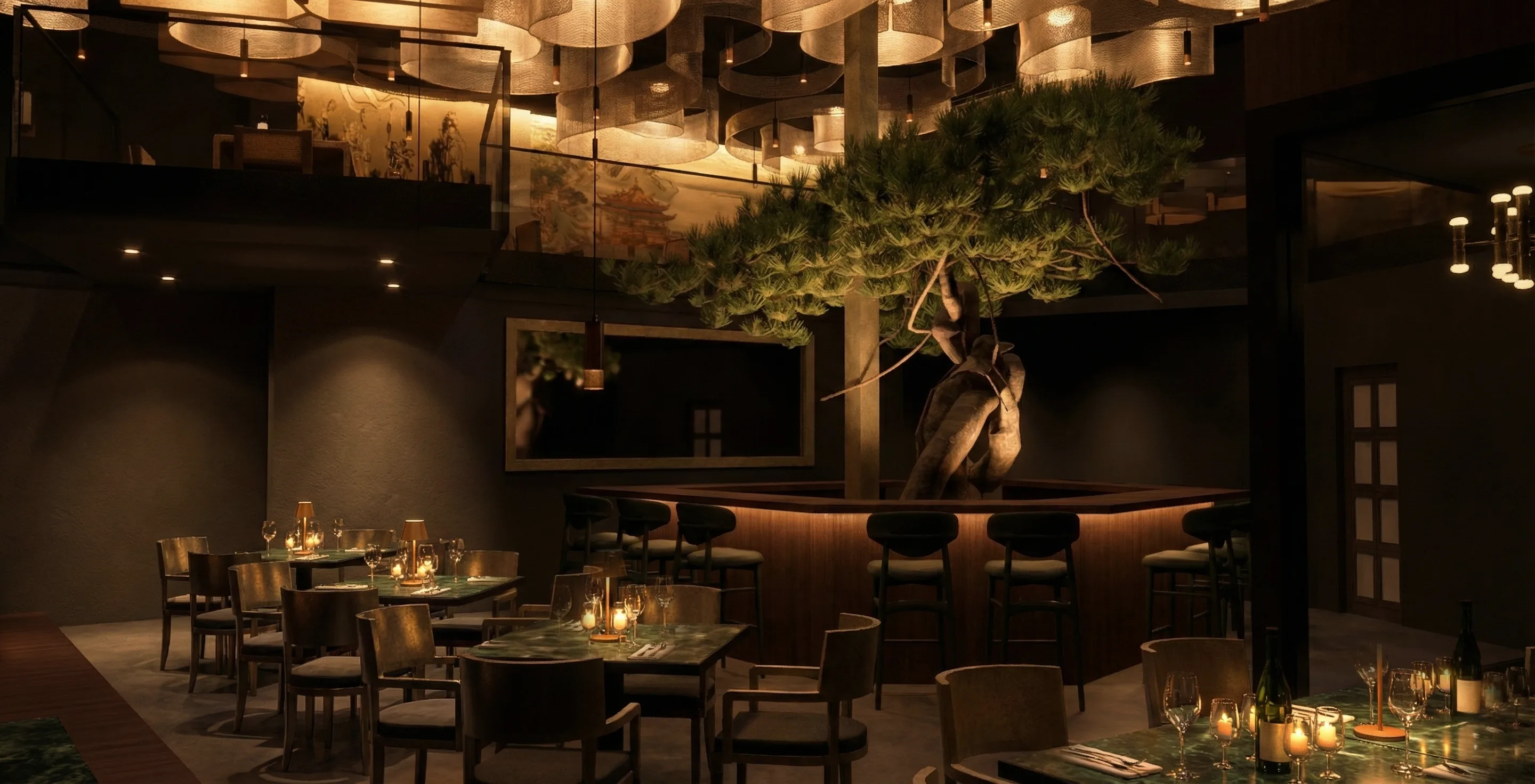 Vue du restaurant PALOMAKI avec bonsai central et luminaires suspendus