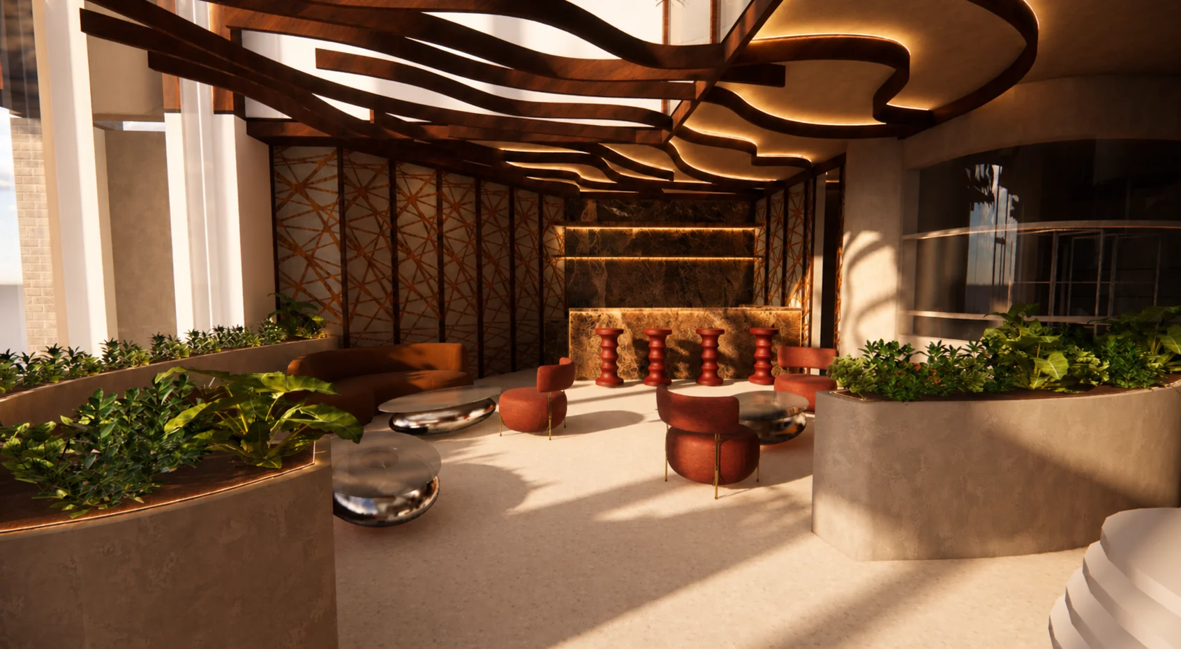 Club lounge PALOM'ART avec bar, assises rouges et plafonds organiques