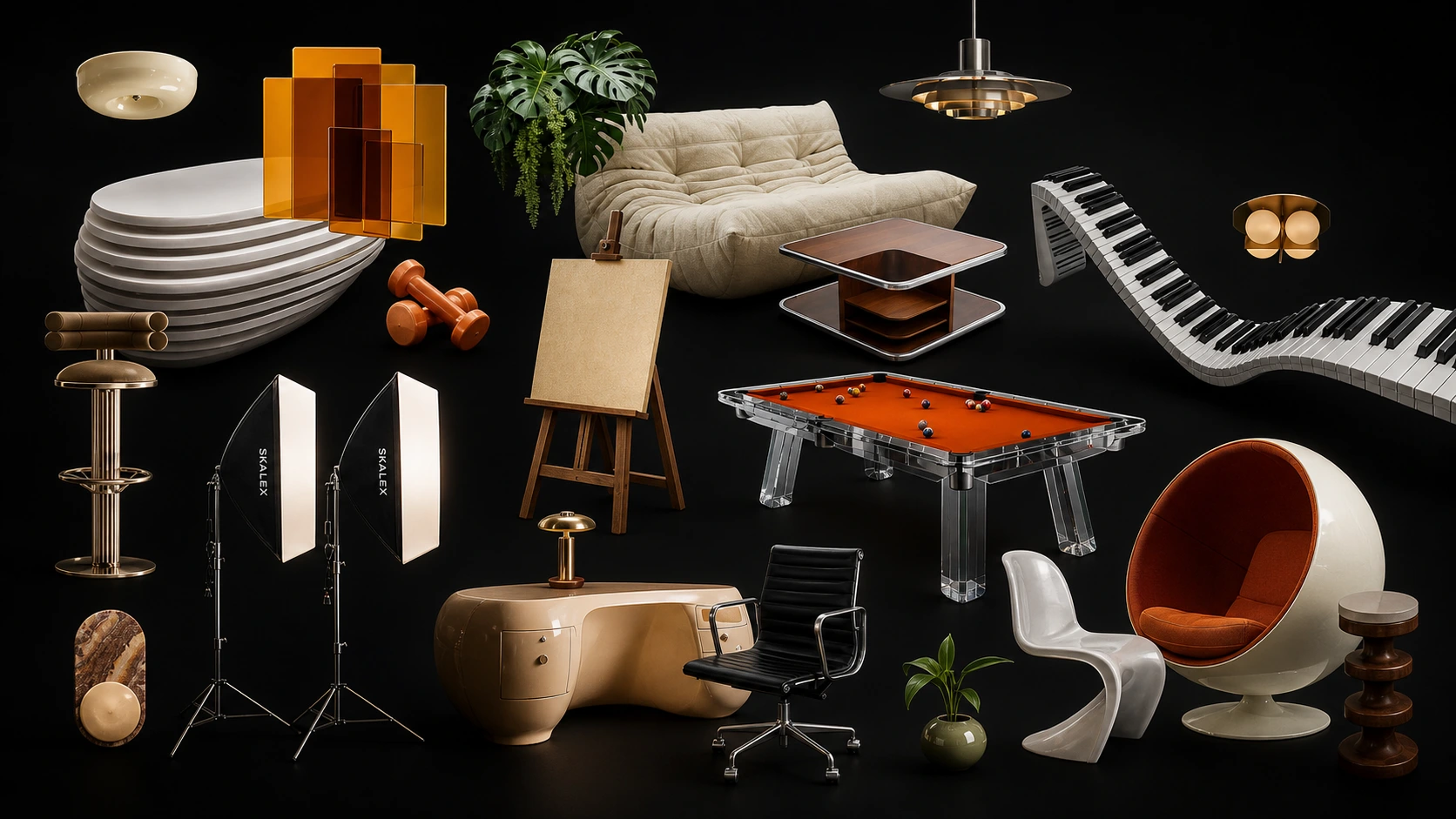 Planche de mobilier et objets du projet PALOM'ART