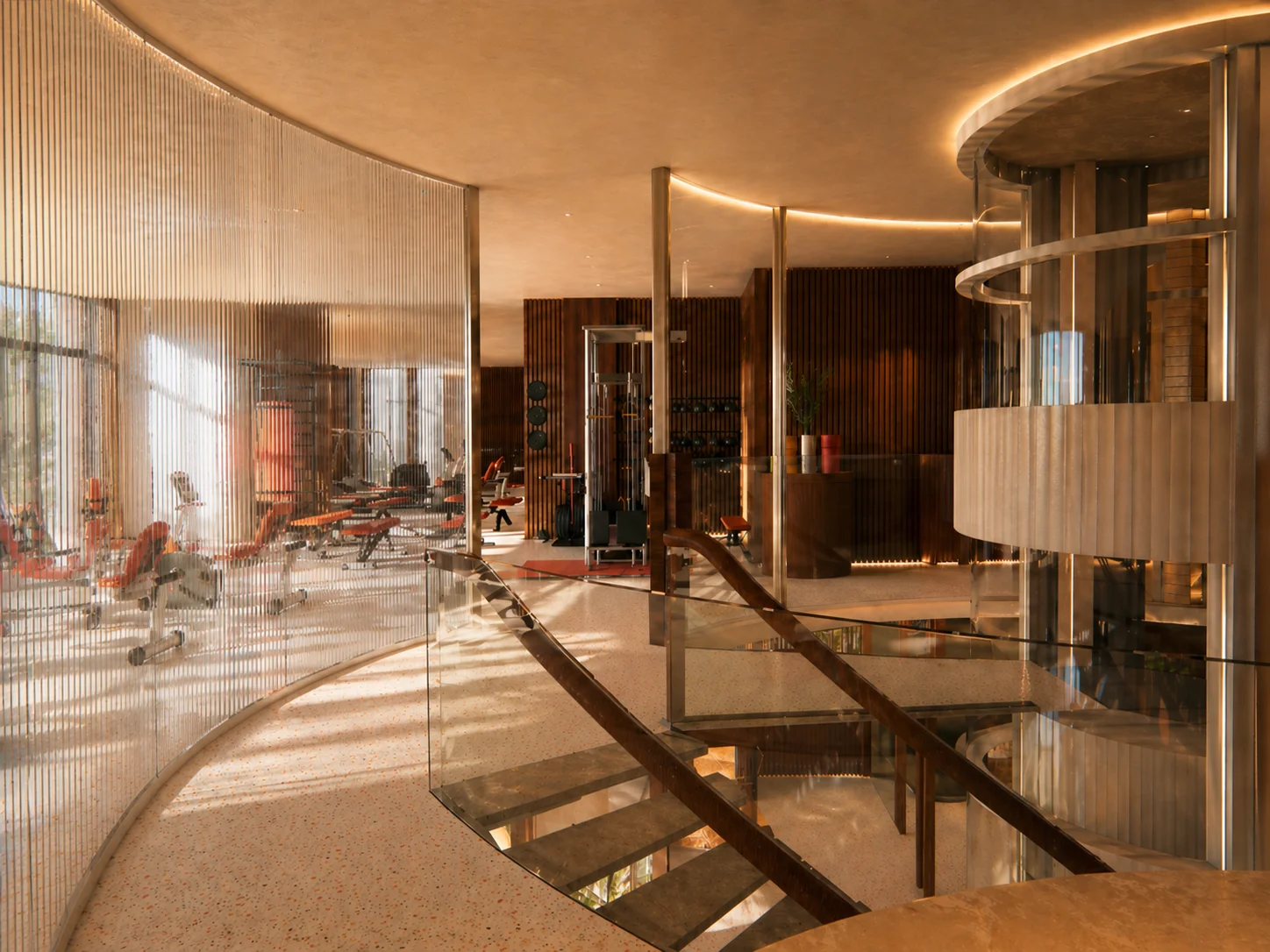 Gym PALOM'ART derrière une paroi striée et escalier vitré