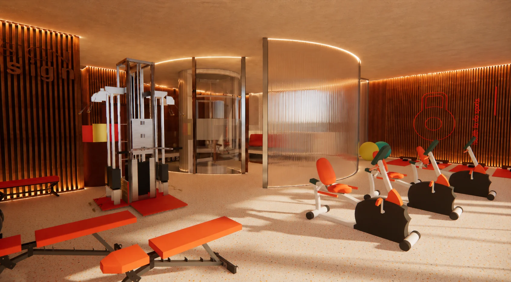 Salle de sport PALOM'ART avec appareils orange et bois rainuré