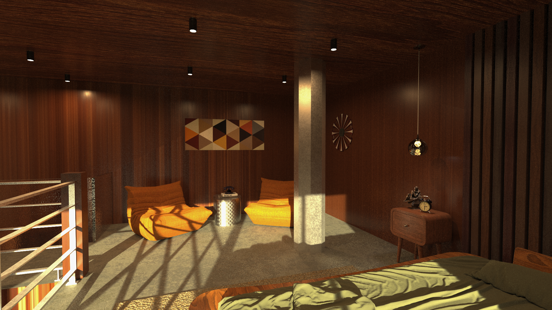 Projet loft chaleureux avec mobilier sculptural