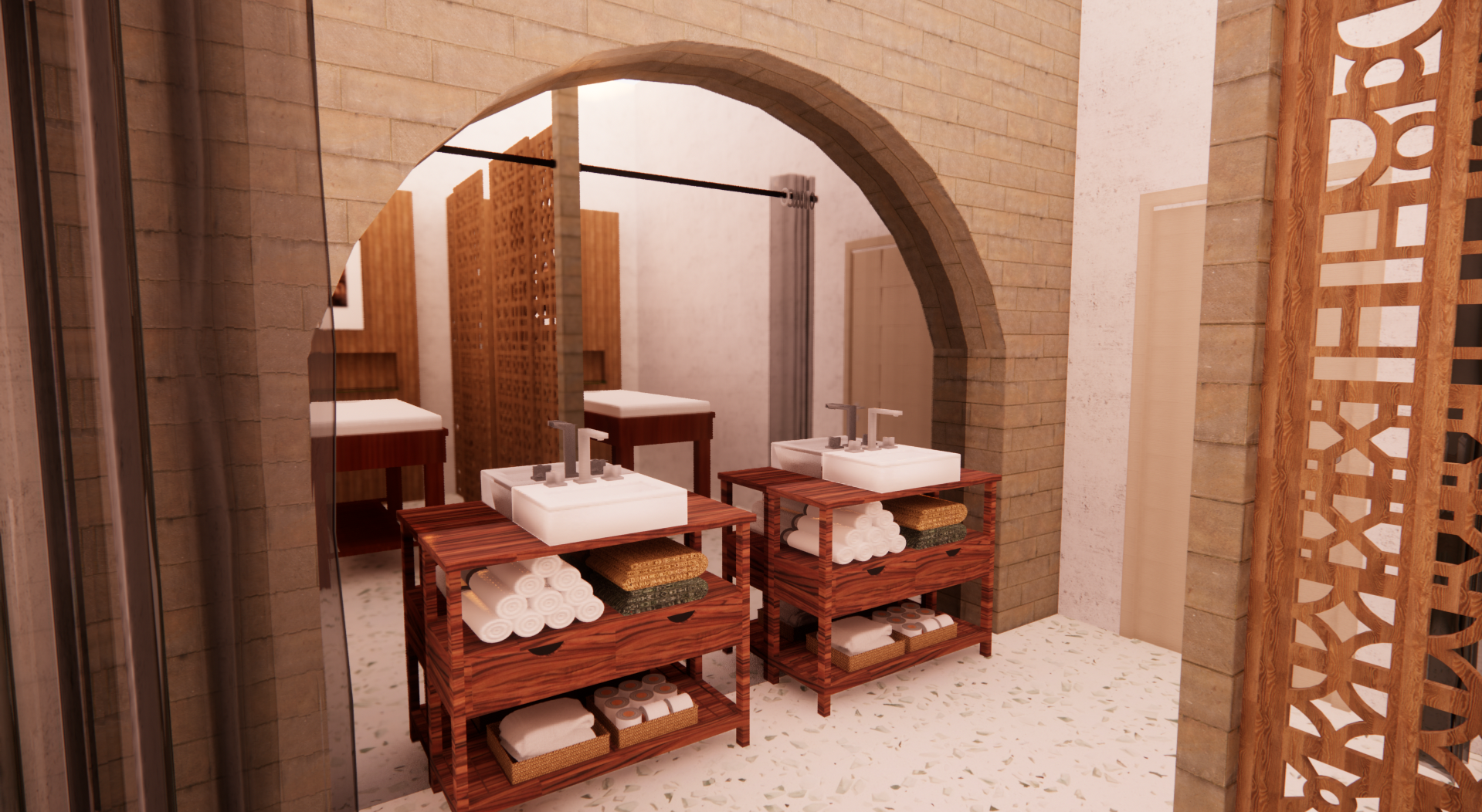 Projet spa aux murs arqués et lumière ambrée