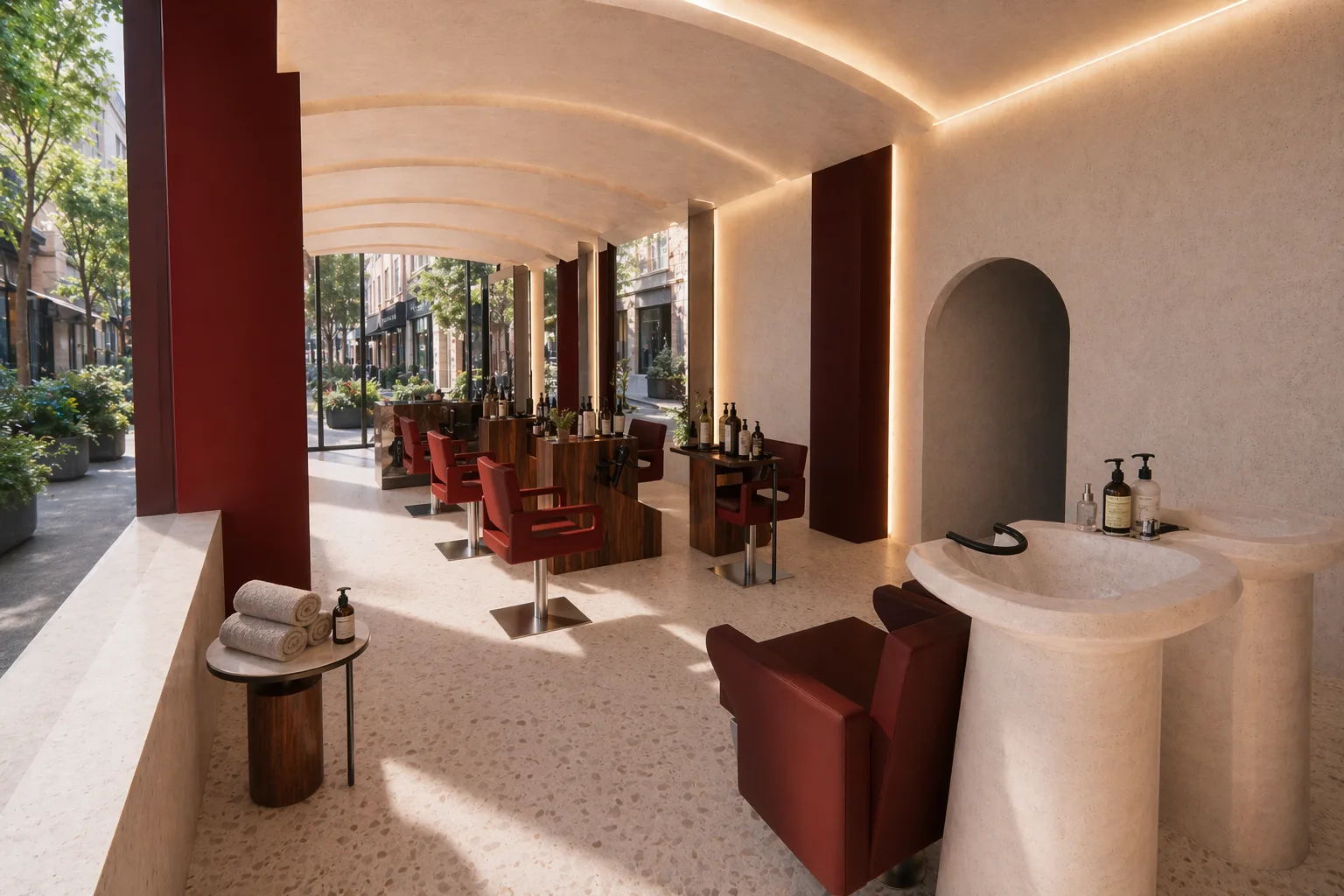Projet spa aux murs arqués et lumière ambrée