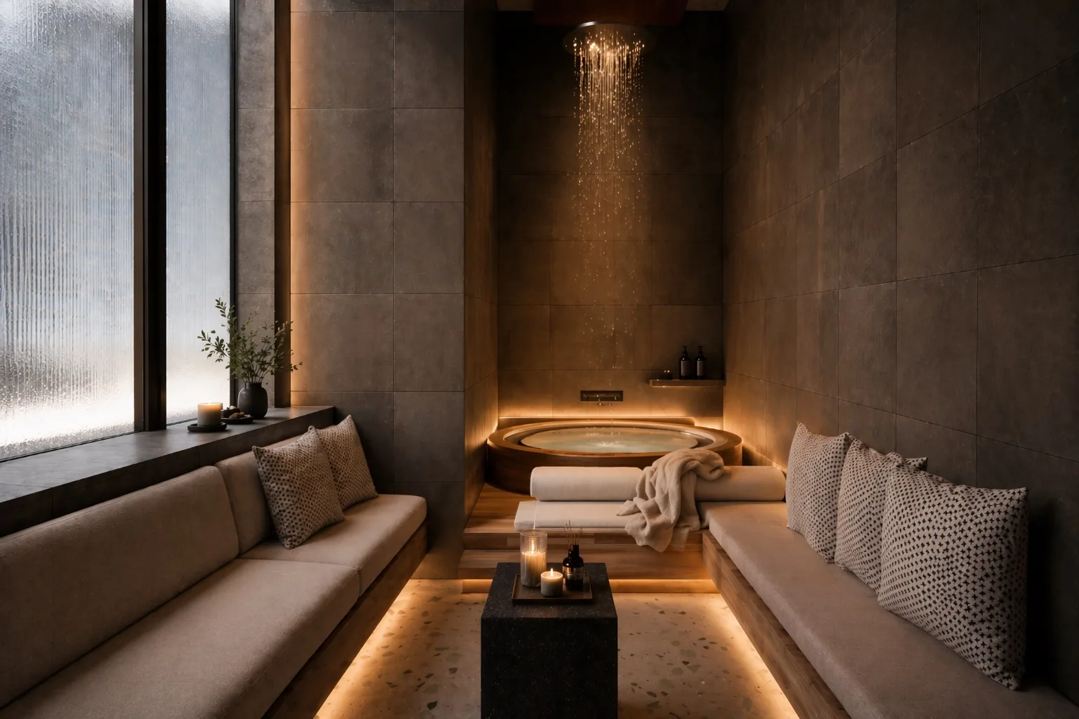Espace soin du SPA-LOMA avec arches lumineuses et rangement bois